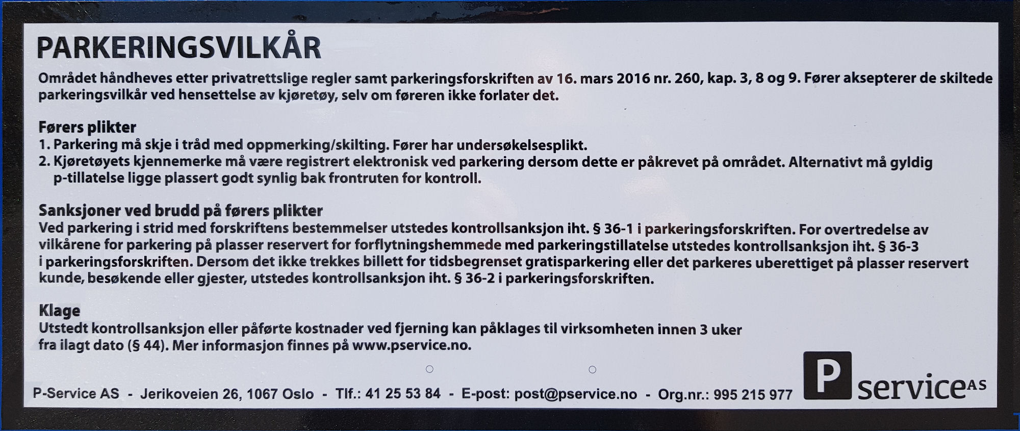 Parkeringsvilkår fra P-Service AS